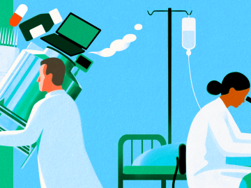 An illustration of two scientists. One is sitting at a desk and the other is walking away with an armful of laboratory equipment.