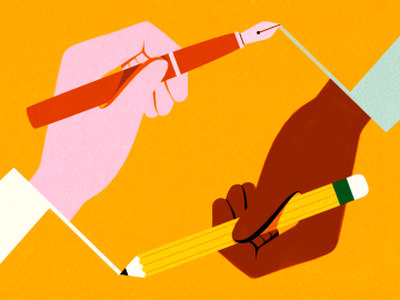 An illustration of two hands with pencils facing opposite directions.