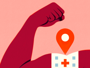 An illustration of a flexing bicep with an image of a hospital overlaid.