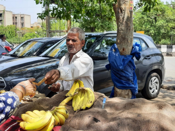 Extreme heat means few customers and little rest for Habib Khan, 65, a banana vendor outside Delhi.  Image: Swagata Yadavar