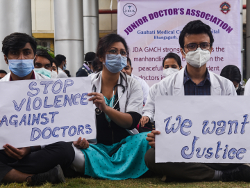 Junior doctors protesting violence against doctors in Delhi, Gauhati Medical College Hospital in Guwahati, Assam, India. December 29, 2021.