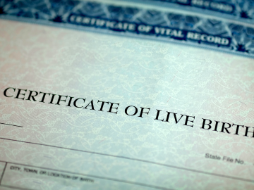A photograph of a birth certificate.
