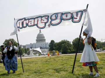 Activists hold a banner up before the start of the &quot;Trans Youth Prom&quot; outside of the US Capitol building on May 22, 2023 in Washington, DC. Anna Moneymaker/Getty