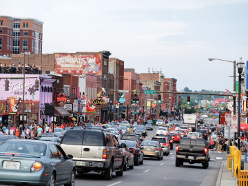 Many of the historic buildings, shops, bars, and clubs along Broadway in Nashville, Tennessee.