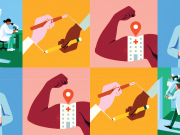 A series of images representing various aspects of health care.