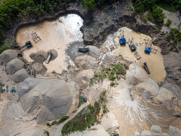 Aerial picture of dredges at an illegal gold mining area in the Madre de Dios department, in Peru's southeastern Amazon region, on May 31, 2024.