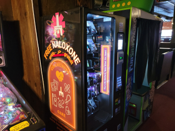 A public health vending machine that distributes free naloxone, at the Deadwood Tavern, in Iowa City