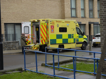 a.	A yellow ambulance with a green checkerboard print on the side sits outside a building as a person wearing a grey coat stands by the open back doors.