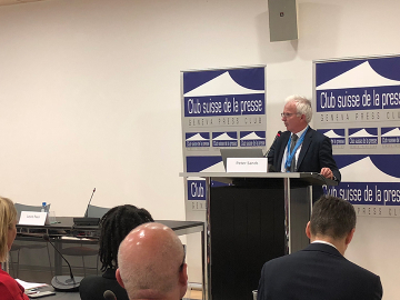 The Global Fund’s Peter Sands speaking at a #WHA71 side event in Geneva on May 22, 2018.