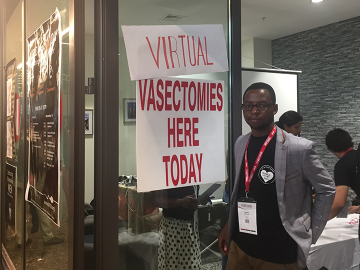 The World Vasectomy Day &quot;clinic&quot; at the International Conference on Family Planning in Kigali, Rwanda seemed to attract more passerby after adding the word &quot;Virtual&quot; above their sign.