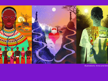 Illustrations: Woman in Africa, man and woman standing apart on 2 mountains, and boy holding a gun by Anna and Elena Balbusso