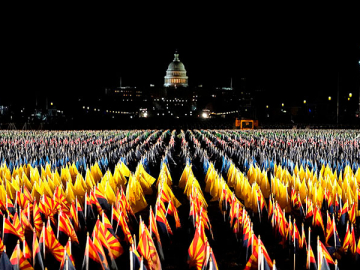 A “Field of Flags” on the National Mall sets the stage for President-elect Biden’s inauguration, representing the thousands who wouldn’t be able to attend because of the pandemic and tight security, Jan. 18, 2021, Washington, DC. Image: Timothy A. Clary/A