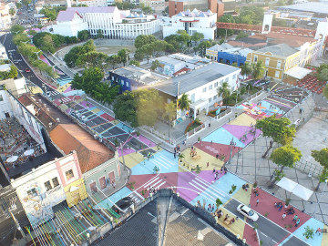 Aerial view of a safer streets intervention at Dragão do Mar in Fortaleza, Brazil, carried out in partnership with the National Association of Transportation Officials-Global Designing Cities Initiative (NACTO-GDCI) as part of the Bloomberg Philanthropies Initiative for Global Road Safety. Image: Victor Macedo, Courtesy of Vital Strategies