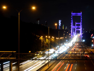 Fatih Sultan Mehmet Bridge illuminated during World Alzheimer's Day in Istanbul, Turkey. September 21, 2021.