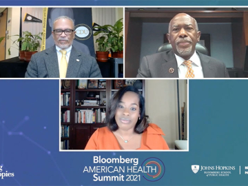 David Carlisle, James E.K. Hildreth, and Michelle Spencer discussing health disparities at the virtual Bloomberg American Health Summit, Nov. 10, 2021.