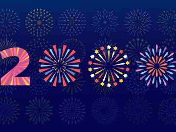 Illustration of the number 2,000 decorated with fireworks