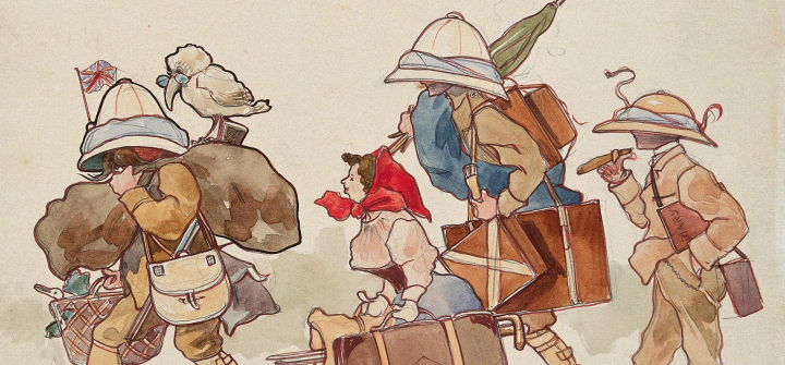 Three members of the Roman Campagne Malaria Commission with a lady carrying their gear. Image: Colored pen drawing by A. Terzi, ca 1900.