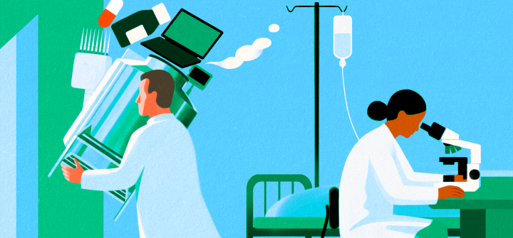 An illustration of two scientists. One is sitting at a desk and the other is walking away with an armful of laboratory equipment. 