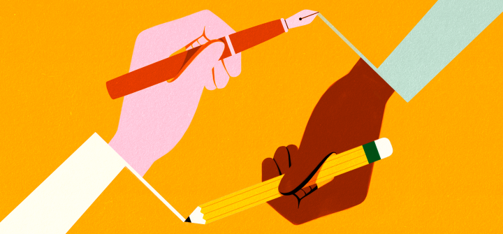 An illustration of two hands with pencils facing opposite directions.