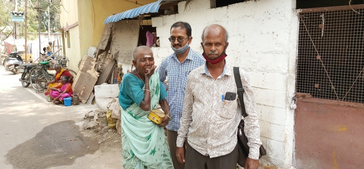 Karupayee with M. Raja and A. Vincent of the Mahelerecen Leprosy center in Madurai, India. March, 2022. Kamala Thiagarajan