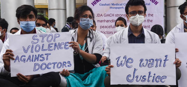 Junior doctors protesting violence against doctors in Delhi, Gauhati Medical College Hospital in Guwahati, Assam, India. December 29, 2021.