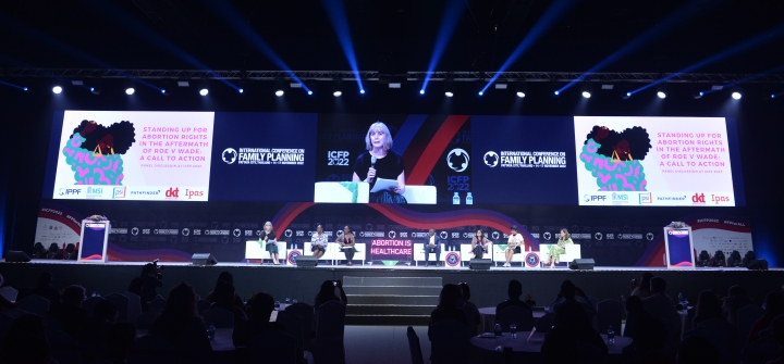Beth Schlachter addresses a crowd at an ICFP 2022 session on abortion rights in Pattaya, Thailand, November 16, 2022.  