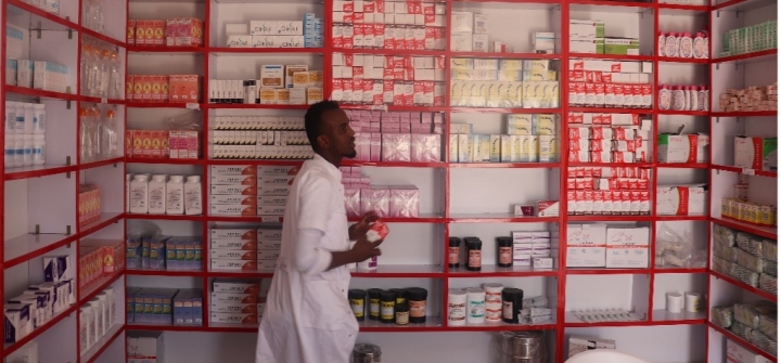 A newly opened pharmacy, equipped with adequate essential medicine, at a Mother & Child Health centre in Xaraf, Somalia. 