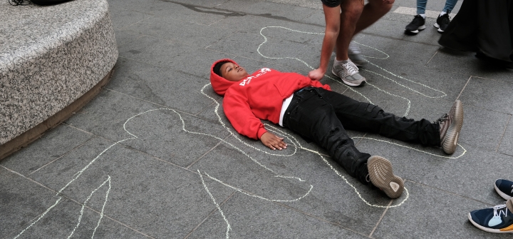 Local teenagers participate in a "Die In" to draw attention to gun violence in Philadelphia, Pennsylvania. April 14. Spencer Platt/Getty