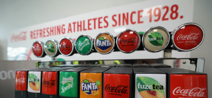 A soft drinks dispenser at the Olympic village where some athletes will be housed at Saint-Denis, a northern suburb of Paris. July 2, 2024. 