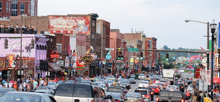 Many of the historic buildings, shops, bars, and clubs along Broadway in Nashville, Tennessee. 