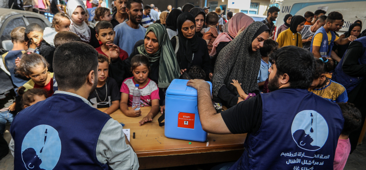 A child is vaccinated during the polio vaccination campaign in Deir al Balah, Gaza, on September 1, 2024.