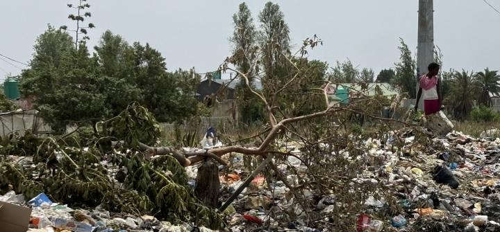 A girl walks among the mountains of waste in Garden Compound.