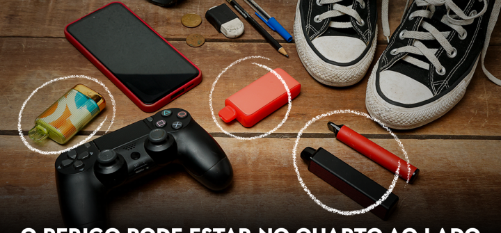 Collection of images in an anti-tobacco ad for the city of Rio in Brazil with text in Portuguese: "O perigo pode estar no quarto ao lado. Um em cada quatro jovens de 18 a 24 anos experiementa cigarro eletronico no Brasil" with images including black and white converse shoes, a red iphone, a video game control set, and vapes and e-cigarettes with white chalk circles."