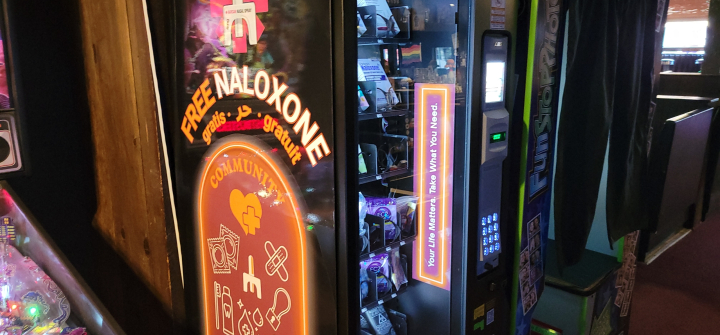 A public health vending machine that distributes free naloxone, at the Deadwood Tavern, in Iowa City