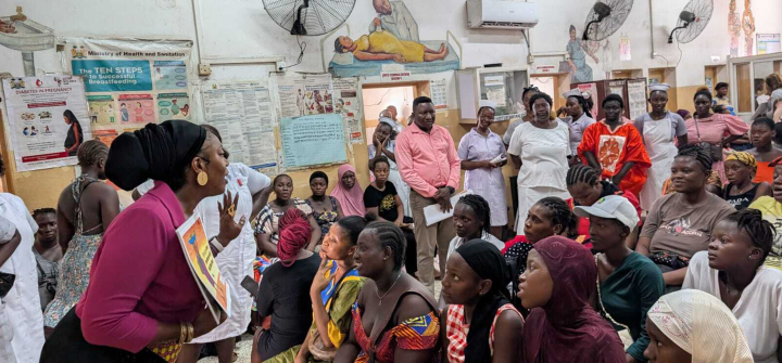 Pregnant women attend a demonstration of the “Plac de ot o!” climate literacy tool at Princess Christian Maternity Hospital in Freetown, Sierra Leone.