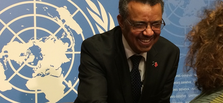 New WHO DG-elect Tedros Adhanom Ghebreyesus confers with Laurie Garrett on May 24, 2017. 