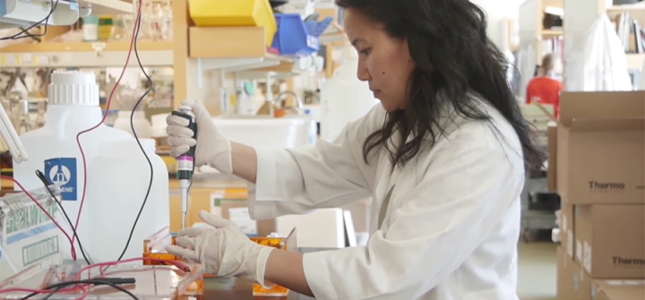 Woman working in laboratory. Still from MalariaX Trailer 