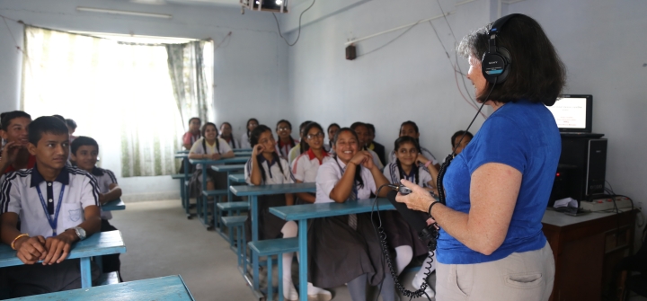 Joanne Silberner in classroom in Nepal