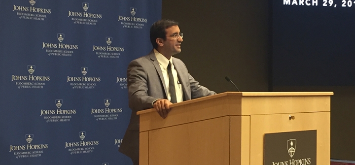 Raj Panjabi speaking at the Johns Hopkins Bloomberg School of Public Health Global Health Day March 29, 2018