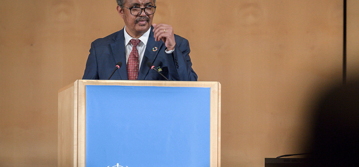 World Health Organization (WHO) Director-General Tedros Adhanom Ghebreyesus delivers a speech on the opening day of the World Health Assembly, an annual meeting with health representatives to discuss a range of global health issues, on May 21, 2018 in Geneva 