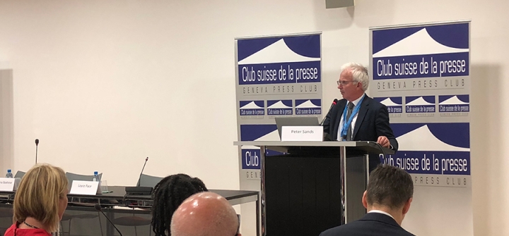 The Global Fund’s Peter Sands speaking at a #WHA71 side event in Geneva on May 22, 2018.