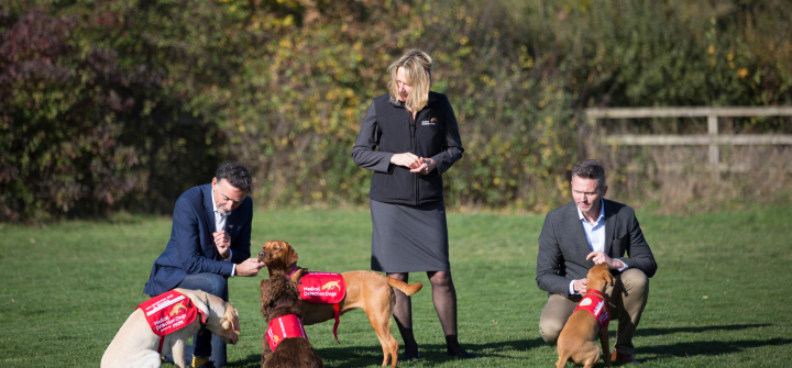 Principal investigator Steve Lindsay (left), Medical Detection Dogs CEO Claire Guest and London School of Hygiene and Tropical Medicine Professor James Logan share a moment with the remarkable sniffers. (Image: Durham University/Medical Detection Dogs/LSHTM)