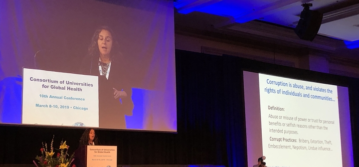 Patty Garcia, Peru's former Minister of Health, decries the scourge of corruption during a CUGH keynote on March 8, 2019. (Image: Brian W. Simpson) 