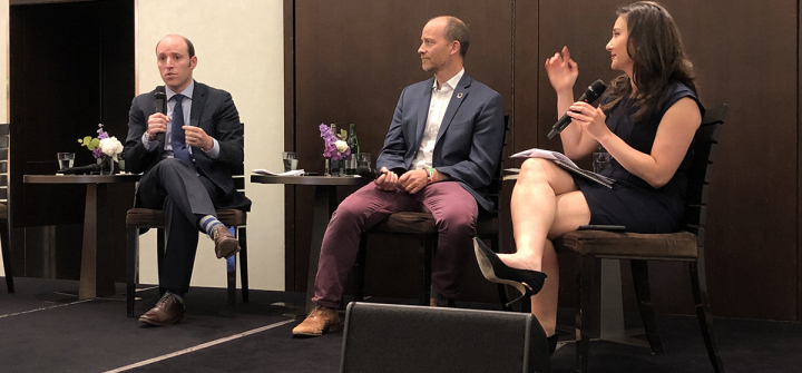 Joshua Blumenfeld (left) and Jamie Drummond at Sunday’s NCD communications event moderated by Nejra Cehic. (Image: Brian W. Simpson)