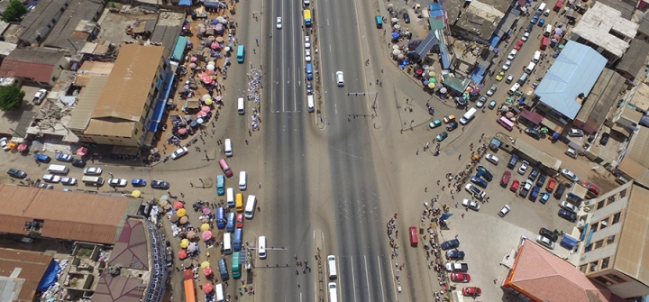 An aerial view of Accra, Ghana’s Lapaz intersection prior to a safety redesign. (Photo: Accra Metropolitan Assembly)