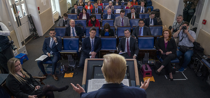 President Donald Trump briefs the press on March 21. Photo by Tasos Katopodis/Getty Images