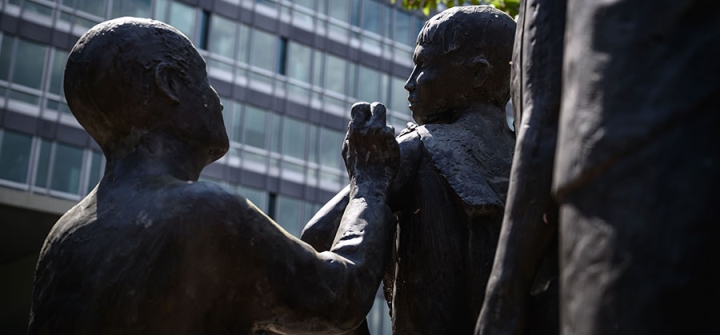 A statue representing a child receiving a vaccine in front of the WHO headquarters in Geneva, amid the COVID-19 outbreak, April 24, 2020. Image: Fabrice Coffrini/AFP/Getty