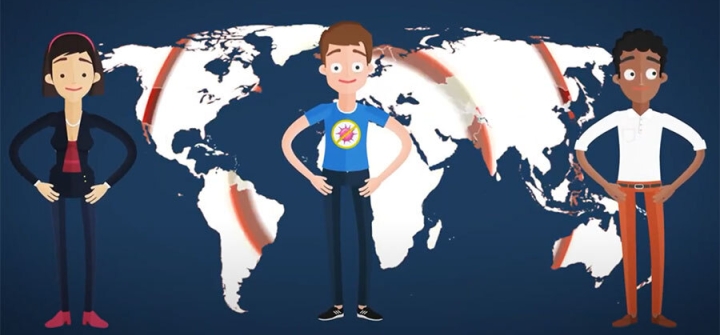 Student CoVideo Animation Still - 3 Figures In Front of White World Map