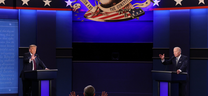 Donald Trump and Joe Biden spar in the first presidential debate. Cleveland, Ohio, September 29, 2020. Image: Scott Olson/Getty