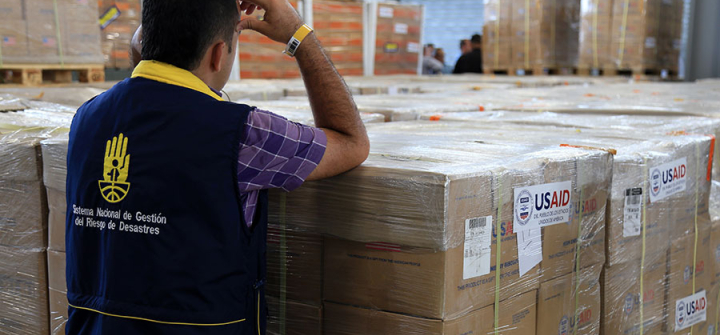 Humanitarian supplies wait at the Tienditas International Bridge in the border city of Cucuta, Colombia on February 21, 2019. Image: Lokman Ilhan/Anadolu Agency/Getty